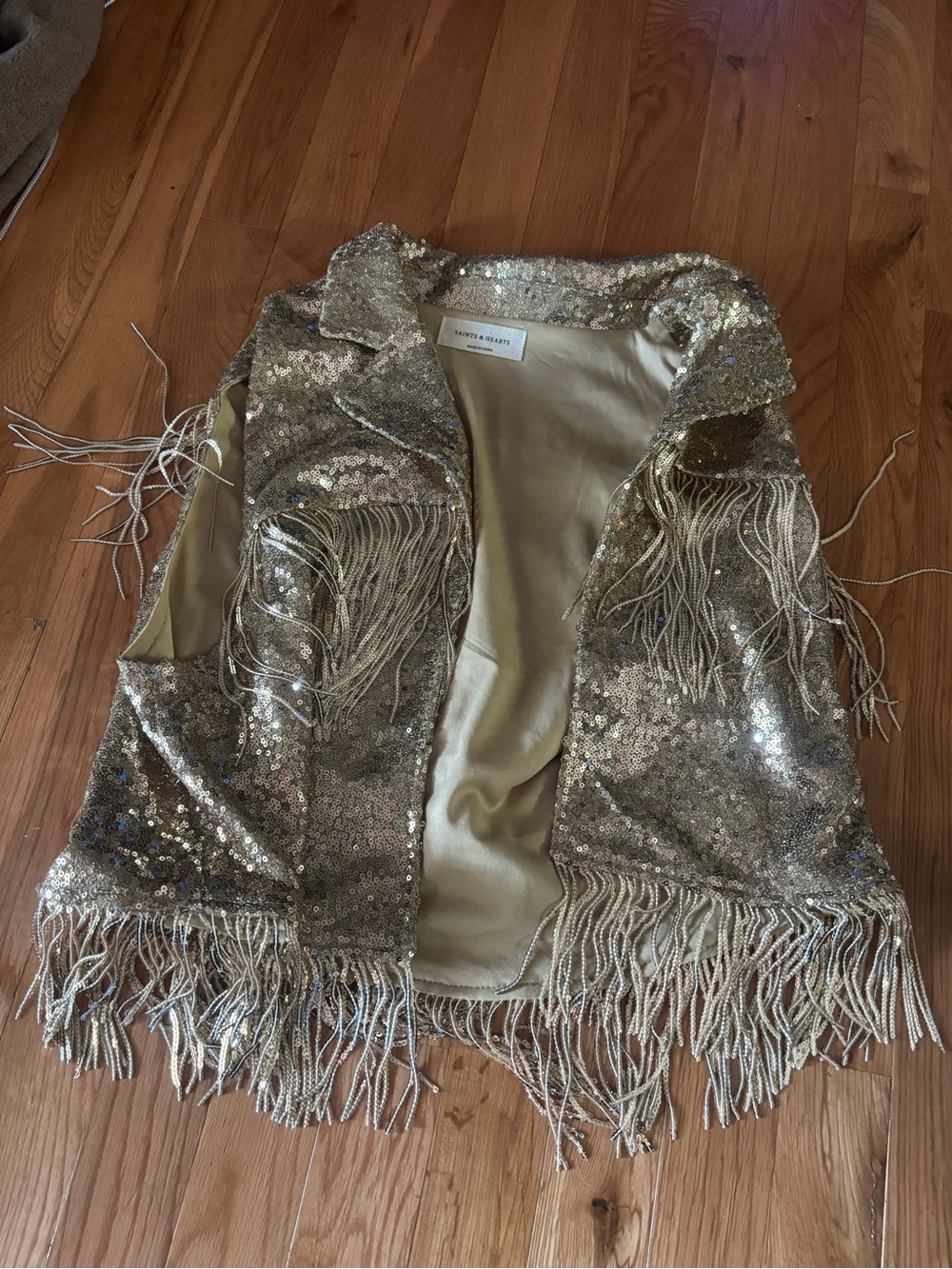 Sequin Fringe Vest in Metallic Gold — Sleeveless Evening Layer